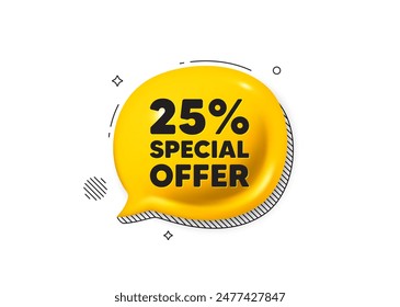 25 percent discount offer tag. Comic speech bubble 3d icon. Sale price promo sign. Special offer symbol. Discount chat offer. Speech bubble comic banner. Discount balloon. Vector