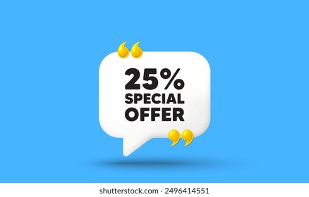 25 por ciento de descuento etiqueta de oferta. Icono 3d de la burbuja del discurso del chat con las comillas. Signo de promoción de Precio de venta. Símbolo de oferta especial. Mensaje de chat de descuento. Anuncio de la burbuja del discurso. Globo de texto blanco. Vector