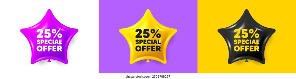 25 percent discount offer tag. Birthday star balloons 3d icons. Sale price promo sign. Special offer symbol. Discount text message. Party balloon banners with text. Birthday or sale ballon. Vector