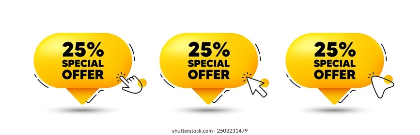 25 por ciento de descuento etiqueta de oferta. Hacer clic aquí Botones. Signo de promoción de Precio de venta. Símbolo de oferta especial. Descuento mensaje de chat de burbuja de discurso. Infografías de cuadro de diálogo. Vector