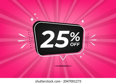 25 percent discount. Pink banner with floating balloon for promotions and offers.