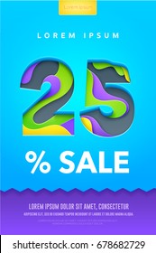 25 percent discount poster or flyer design in paper art carving style. Colorful bright vector Illustration