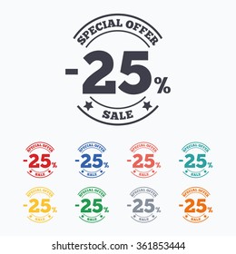 25 percent discount sign icon. Sale symbol. Special offer label. Colored flat icons on white background.