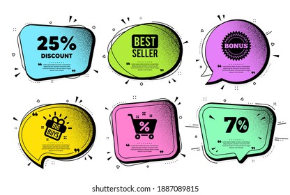 25 percent Discount. Speech bubble with dotwork vector. Sale offer price sign. Special offer symbol. Quote speech bubble. Best seller, shop cart icons. Vector