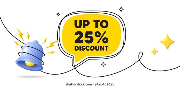 Up to 25 percent discount tag. Continuous line art banner. Sale offer price sign. Special offer symbol. Save 25 percentages. Discount tag speech bubble background. Wrapped 3d bell icon. Vector