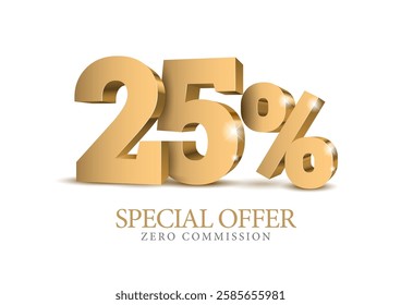 25 percent number. Ten number in gold 3d. Poster template for discount forty percent, sale discount, work progress. Vector illustration