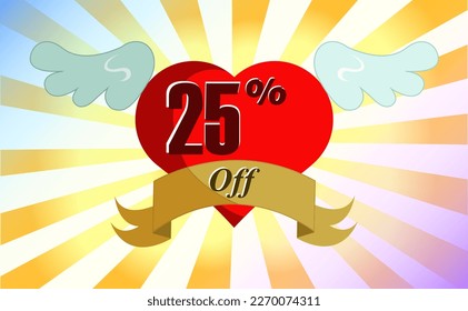 25% de descuento. Banner, corazón con alas, franja decorativa, fondo degradado naranja y amarillo, fondo degradado azul y rosa.