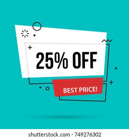 25 percent off banner template in colorful Memphis style on bright turquoise background