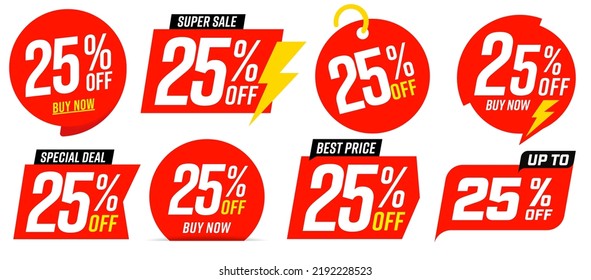 25 percent off best sale red tag template. Best price, super sale, special deal promotion. Different design for 25 percent off clearance red sale product tag vector illustration isolated on white