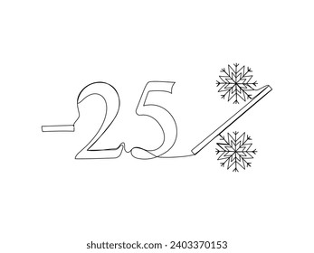 25 percent off discount in continuous one line art style. Holiday season sale special offer. Simple vector illustration