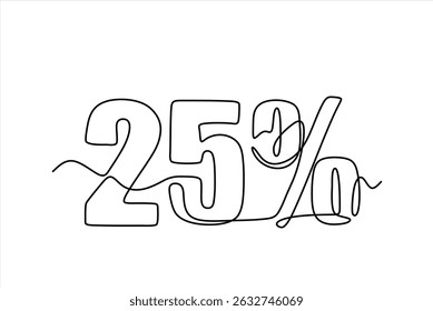 25 percent off discount in continuous one line art style. Holiday season sale special offer. Simple vector illustration. Editable stroke. 