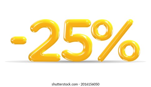 25 percent Off. Discount creative composition of golden or yellow balloons. 3d mega sale or twenty five percent bonus symbol on white background. Sale banner and poster. Vector illustration.