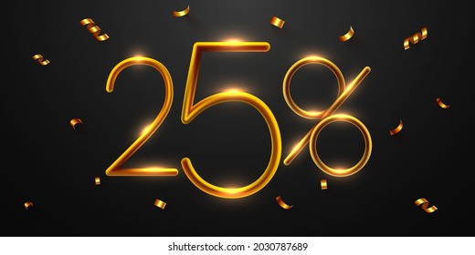 25 percent Off. Discount creative composition of golden balloons. 3d mega sale 25% or fifty percent bonus symbol with confetti. Sale banner and poster. Vector illustration.