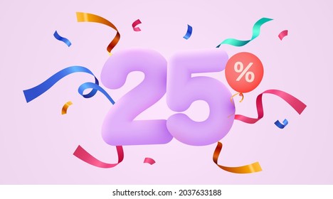 25 percent Off. Discount creative composition. 3d sale symbol with decorative confetti. Sale banner and poster. Vector illustration.