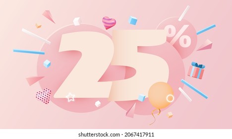 25 percent Off. Discount creative composition. 3d sale symbol with decorative objects, heart shaped balloons and gift box. Sale banner and poster. Vector illustration.