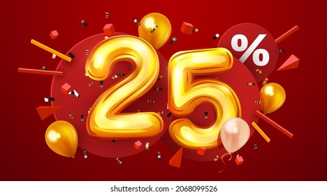 25 percent Off. Discount creative composition. 3d golden sale symbol with decorative balloons and confetti. Sale banner and poster. Vector illustration.