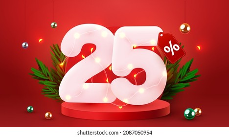 25 percent Off. Discount creative composition. 3d sale symbol with decorative objects. Sale banner and poster. Vector illustration.