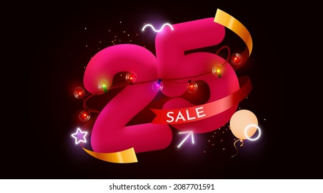 25 percent Off. Discount creative composition. 3d sale symbol with decorative objects. Sale banner and poster. Vector illustration.