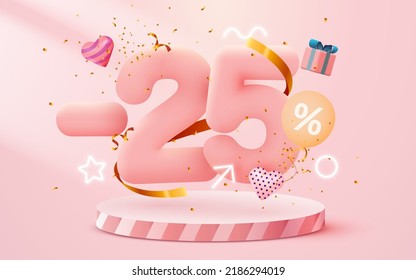 25% percent Off. Discount creative composition. 3d sale symbol with decorative objects, balloons, golden confetti, podium and gift box. Sale banner and poster. Vector illustration.