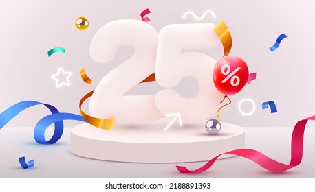 25 percent Off. Discount creative composition. 3d sale symbol with decorative objects, balloons, golden confetti, podium and gift box. Sale banner and poster. Vector illustration.