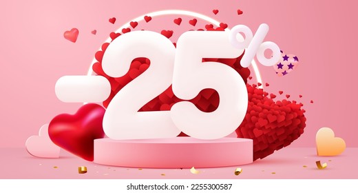 25 percent Off. Discount creative composition. 3d sale symbol with decorative objects. Valentine's day promo. Sale banner and poster. Vector illustration.