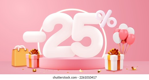 25 percent Off. Discount creative composition. Sale symbol with decorative objects, balloons, golden confetti, podium and gift box. Sale banner and poster. Vector illustration.