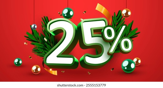 25 percent Off. Discount creative composition. Merry Christmas and Happy New Year. Sale banner and poster. Vector illustration.