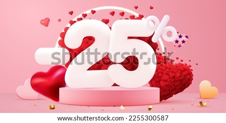25 percent Off. Discount creative composition. 3d sale symbol with decorative objects. Valentine's day promo. Sale banner and poster. Vector illustration.