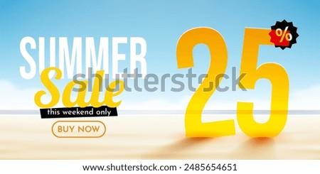 25 percent Off. Discount summer composition. Ocean beach. Sale banner and poster. Vector illustration.