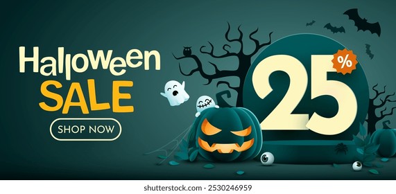 25 percent off. Halloween sale banner template. Podium and numbers with amount of discount. Special October offer. Vector illustration.