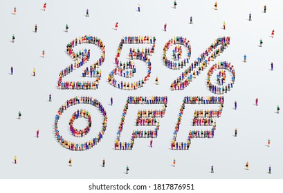 25 por ciento de descuento. Se forma un gran grupo de personas para crear una forma 25% de descuento. Diseño de venta de ofertas especiales. Ilustración vectorial del cartel publicitario.