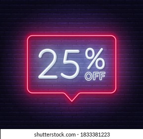 25 Percent Off Neon Sign On Brick Wall Background