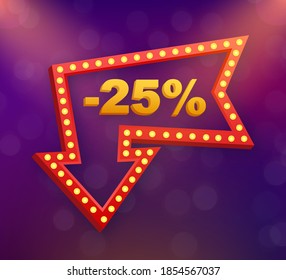 25 percent OFF Sale Discount Banner. Discount offer price tag. 25 percent discount promotion flat icon with long shadow. Vector illustration.