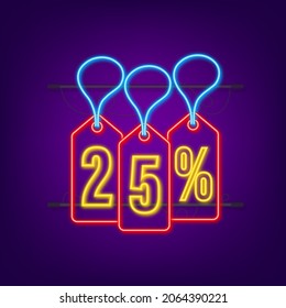 25 percent OFF Sale Discount neon tag. Discount offer price tag. 25 percent discount promotion flat icon with long shadow. Vector illustration.