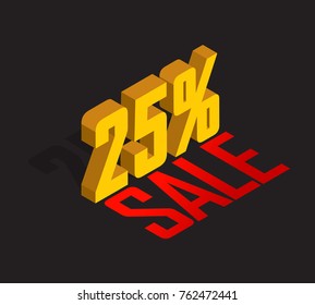 25% percent off, sale, golden-yellow object 3D. Black background. Eps10 Vector.
