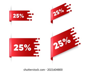 25 percent off Sale. Red ribbon tag banners set. Discount offer price sign. Special offer symbol. Discount sticker ribbon badge banner. Red sale label. Vector