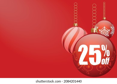 25% de descuento. veinticinco por ciento de baubles navideños de color rojo brillante