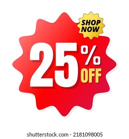 25% percent off(offer), shop now, red and yellow 3D super discount sticker, sale. vector illustration, 