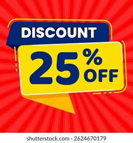 25 Percent Promotional Discount Banner Design with Yellow Balloon and Red Background for Sales, Offers, and Marketing Promotions