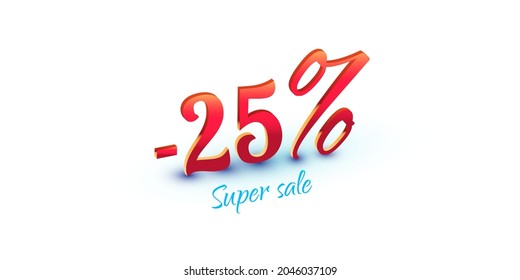25 por ciento de números de color rojo aislados en fondo blanco. Texto de superventa. Símbolo de venta para el diseño de publicidad de temporada