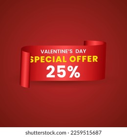 25 percent red elegant template of sale banner for Valentine Day with a scroll realistic red ribbon, an arrow and red shiny glossy hearts. Vector red background