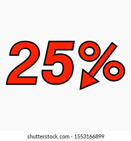 The 25 percent reduction icon is red. Price drop. Interest rate reduction. Sell-out. Stock symbol. Discount. Markdown of goods. Bonus discount. Vector icon.