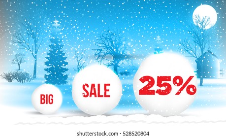 25  percent, Sale background with snowballs and snow. 