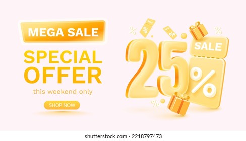 25 percent Special offer mega sale, Check and gift box. Sale banner and poster. Vector illustration.