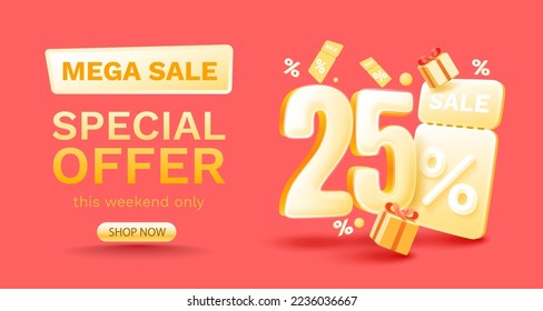 25 percent Special offer mega sale, Check and gift box. Sale banner and poster. Vector illustration.