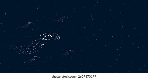 A 25 percent symbol filled with dots flies through the stars leaving a trail behind. There are four small symbols around. Vector illustration on dark blue background with stars