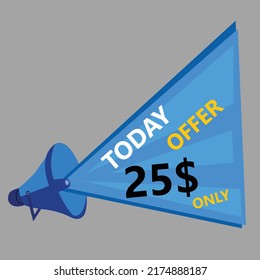 Ilustración vectorial del elemento de diseño megáfono del 25% para la etiqueta de signo promocional sobre fondo gris con fuente fantástica y color azul. Banner de venta