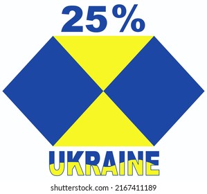 25% percentage Ukrainian sign label vector art illustration with fantastic font and yellow blue ukrainian flag color background isolated on white.