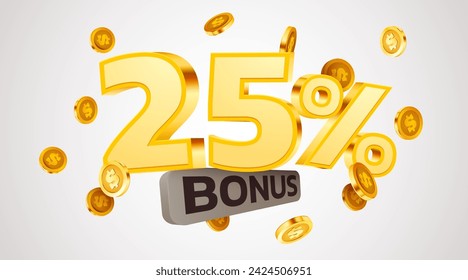 25 percents bonus. Falling golden coins. Cashback or prize concept. Vector illustration