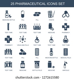 25 pharmaceutical icons. Trendy pharmaceutical icons white background. Included filled icons such as medicine bottle, pill, paints, test tube. pharmaceutical icon for web and mobile.